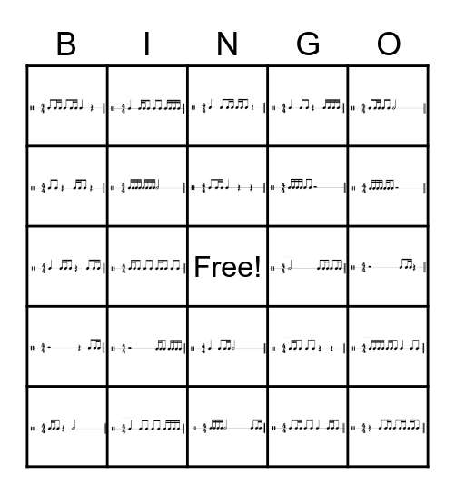 16th Note Rhythm Bingo Card