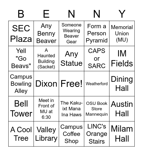 OSU Campus Scavenger Hunt Benny Bingo Card