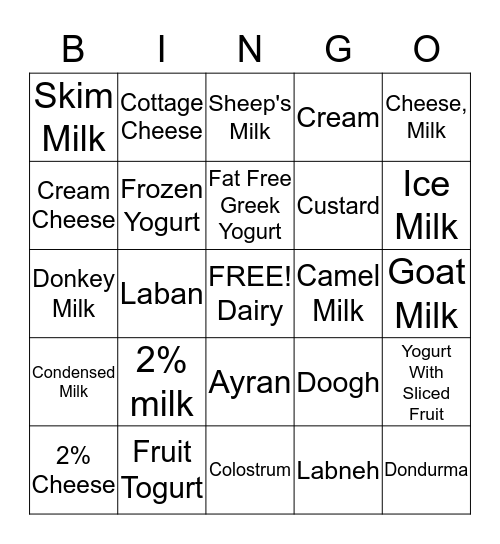 Dairy Bingo Card