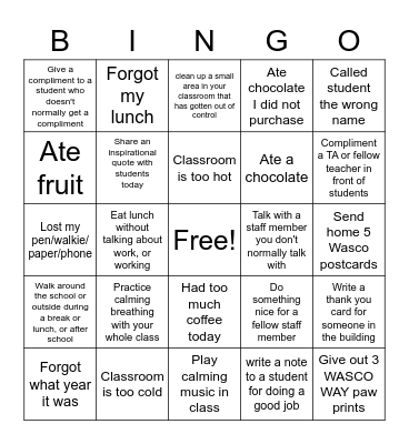 School Bingo Card