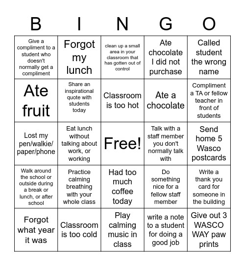 School Bingo Card