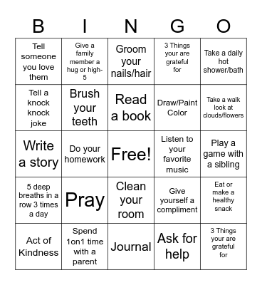 Boys Self-Care Bingo Card