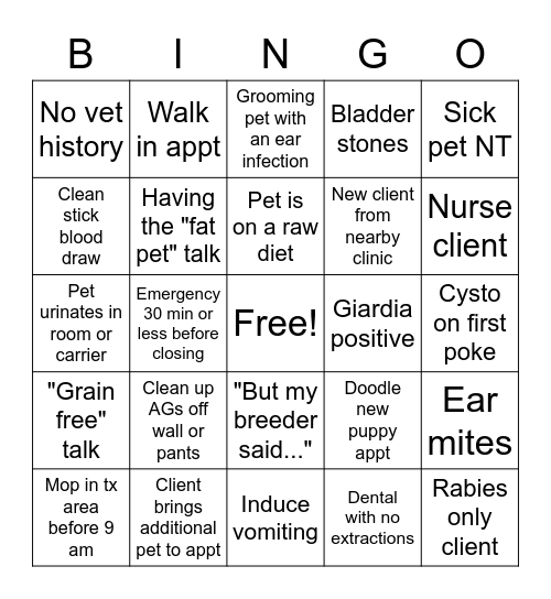 bingo card for veterinary office