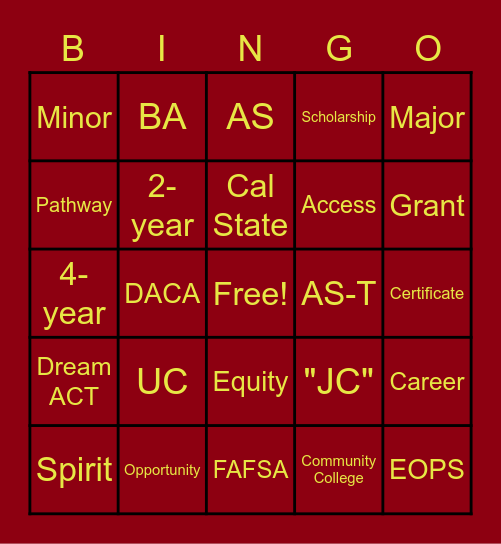 College Kick Off! Bingo Card