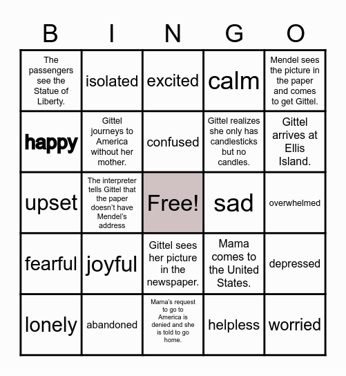 Gittel's Journey Bingo Card