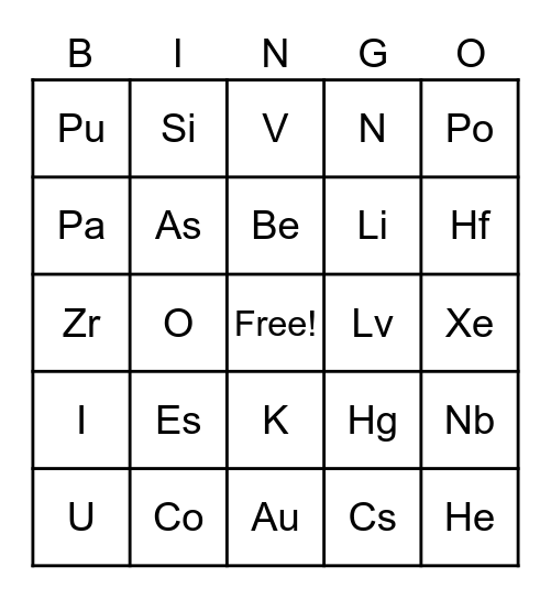 Element Bingo Card