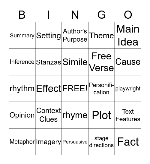 Reading Vocabulary Review Bingo Card