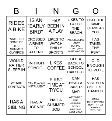 TrYOU 2021 Bingo Card