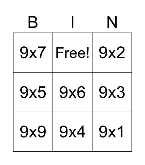 Multiples of 9 Bingo Card