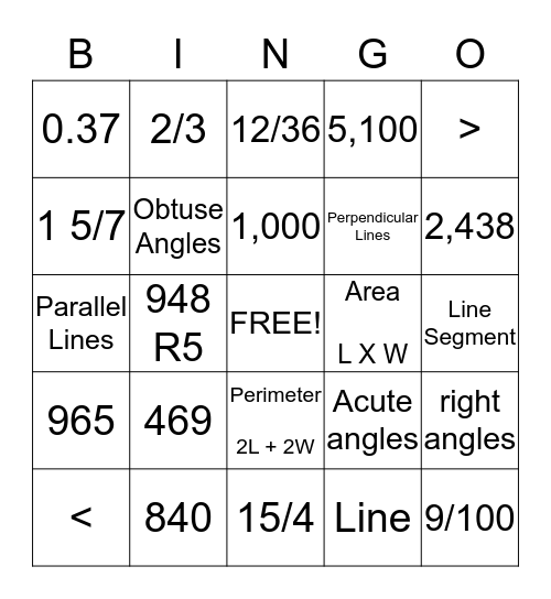 Math Review Bingo Card