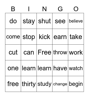 Verbs Bingo Cards Bingo Card