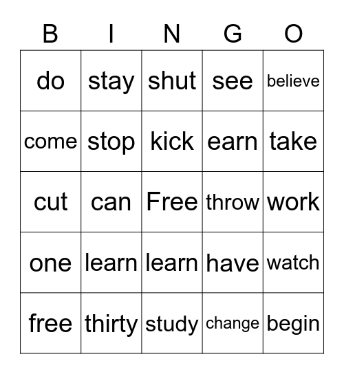 Verbs Bingo Cards Bingo Card