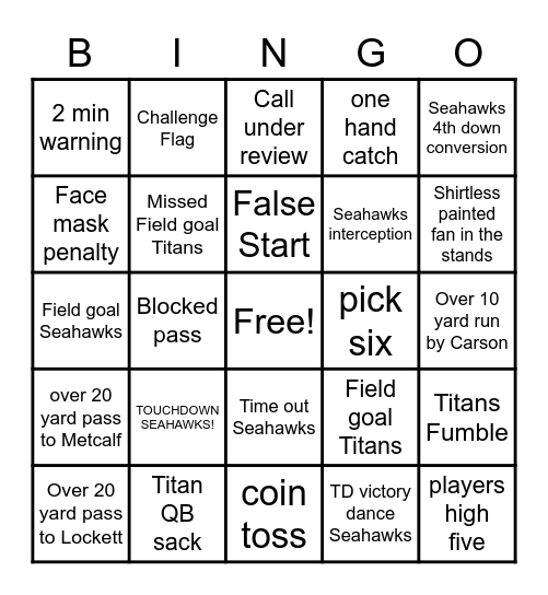 Seahawks Football Bingo Card