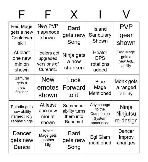 FFXIV Live Letter Bingo Card