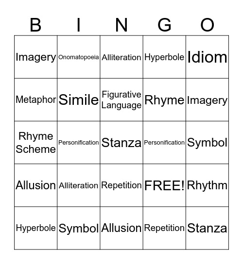 Figurative Language Literary Term Bingo Card