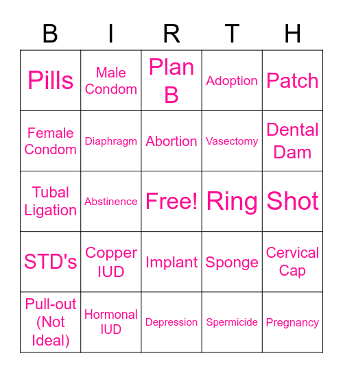 Birth Control Bingo Card