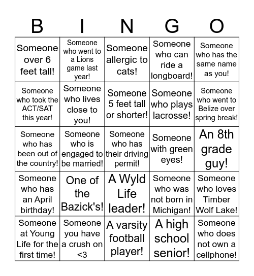 Young Life Club! Bingo Card