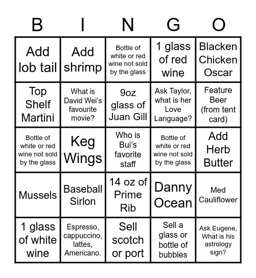 The Keg BINGO Card