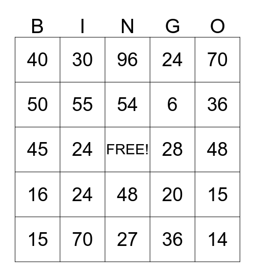 Multiplication Bingo Card