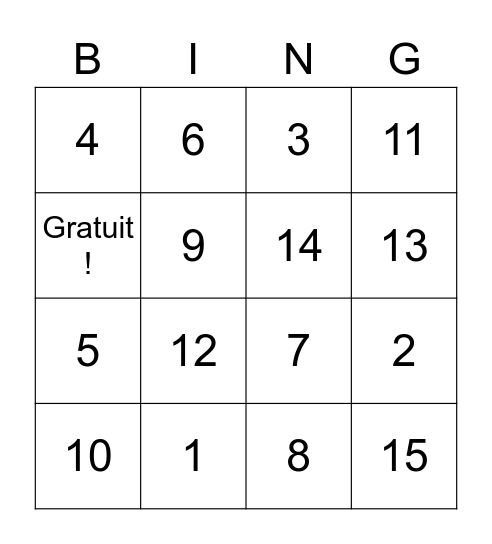 French Numbers 1-20 Bingo Card
