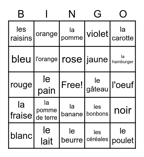 French foods and colors Bingo Card