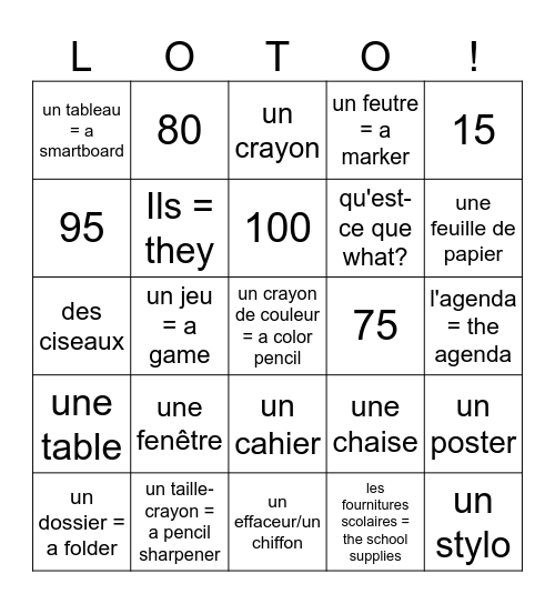 Les fournitures scolaires = school supplies Bingo Card