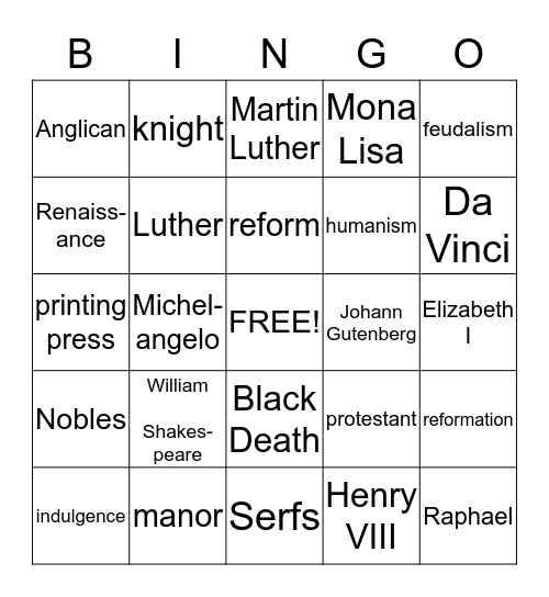 Renaissance Bingo Card