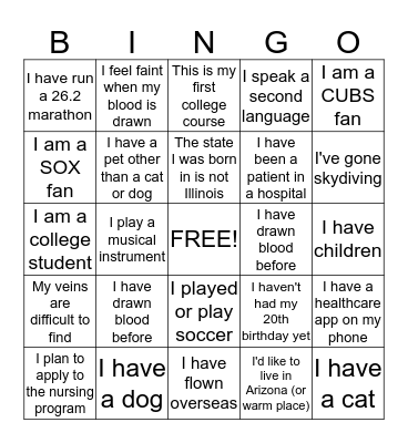 Phlebotomy Class Bingo Card