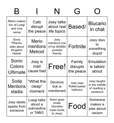 Nin10Jo Bingo Card