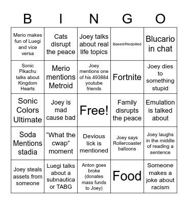 Nin10Jo Bingo Card