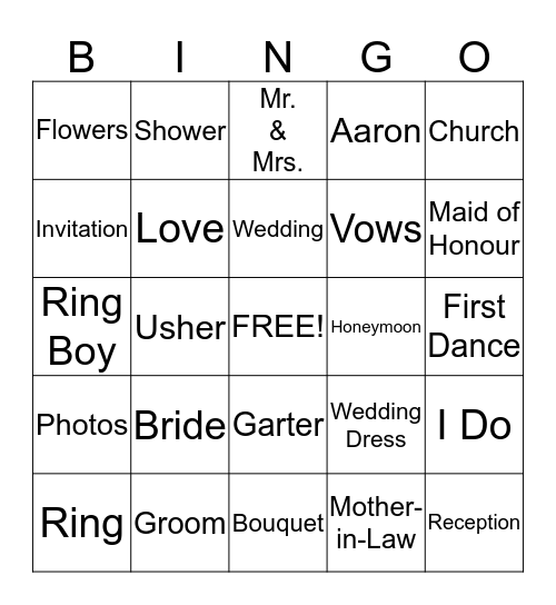 Gina's Bridal Shower Bingo Card