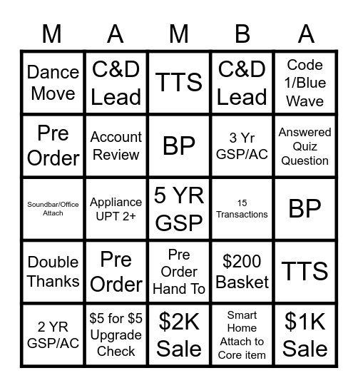 Mamba Bingo Card
