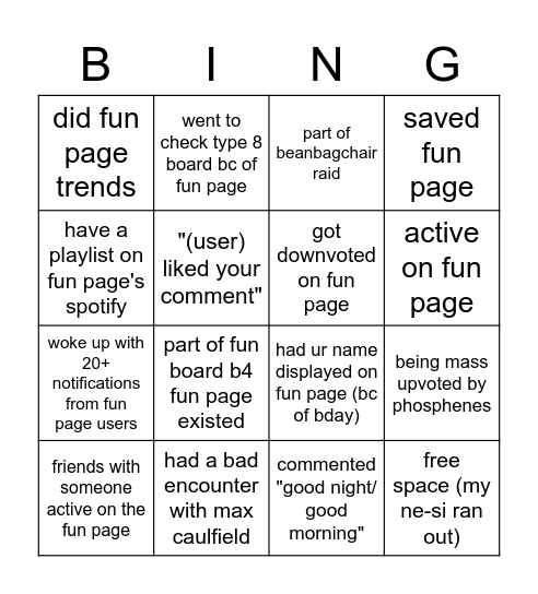 fun page bingo Card