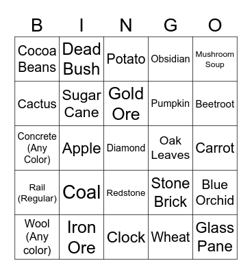 Minecraft Item Hunt Bingo Card