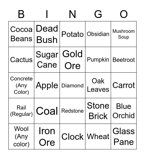 Minecraft Item Hunt Bingo Card