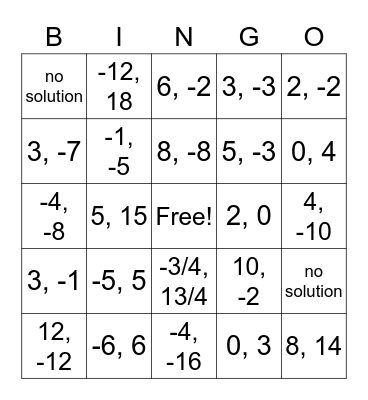 Absolute Value Equations Bingo Card