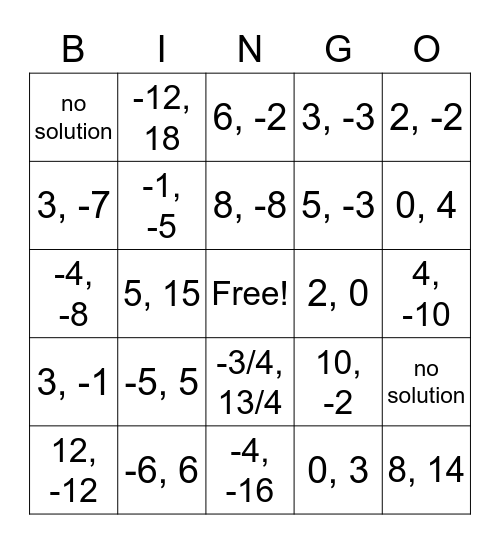 Absolute Value Equations Bingo Card
