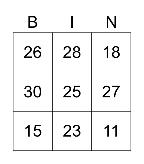NUMBERS 1 - 31 Bingo Card