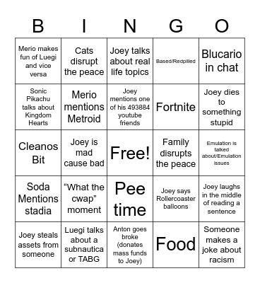Nin10Jo Bingo Card