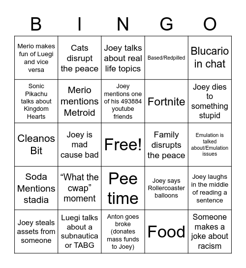 Nin10Jo Bingo Card