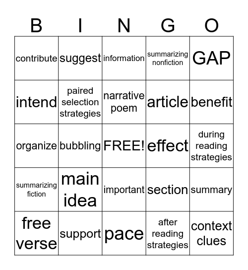 STAAR Reading Bingo Card