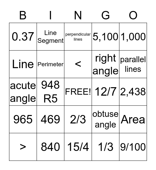 Math Review Bingo Card