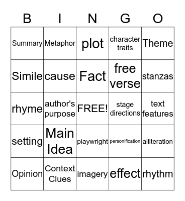 Reading Vocabulary Review Bingo Card