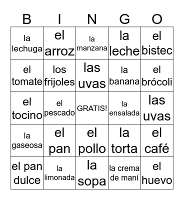 las comidas Bingo Card