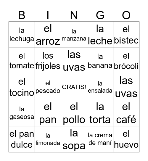 las comidas Bingo Card