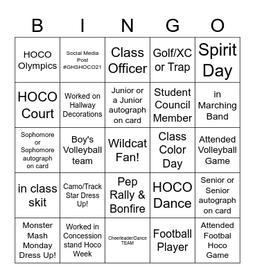 Galva HOCO 21' Bingo Card