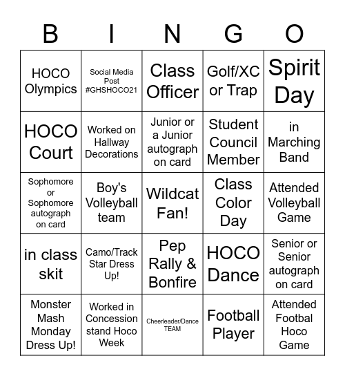 Galva HOCO 21' Bingo Card