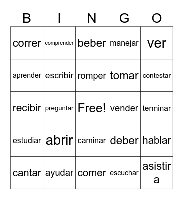Spanish -ar, -er and -ir verbs Bingo Card