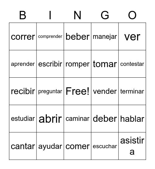 Spanish -ar, -er and -ir verbs Bingo Card