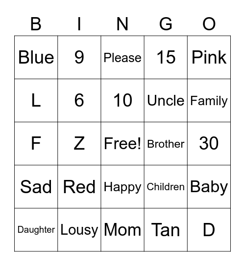 ASL Vocab Bingo Card